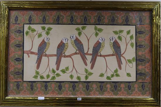 An Rodolfo Dubarry brass framed Batik print of falcons 28 x 46.5in.